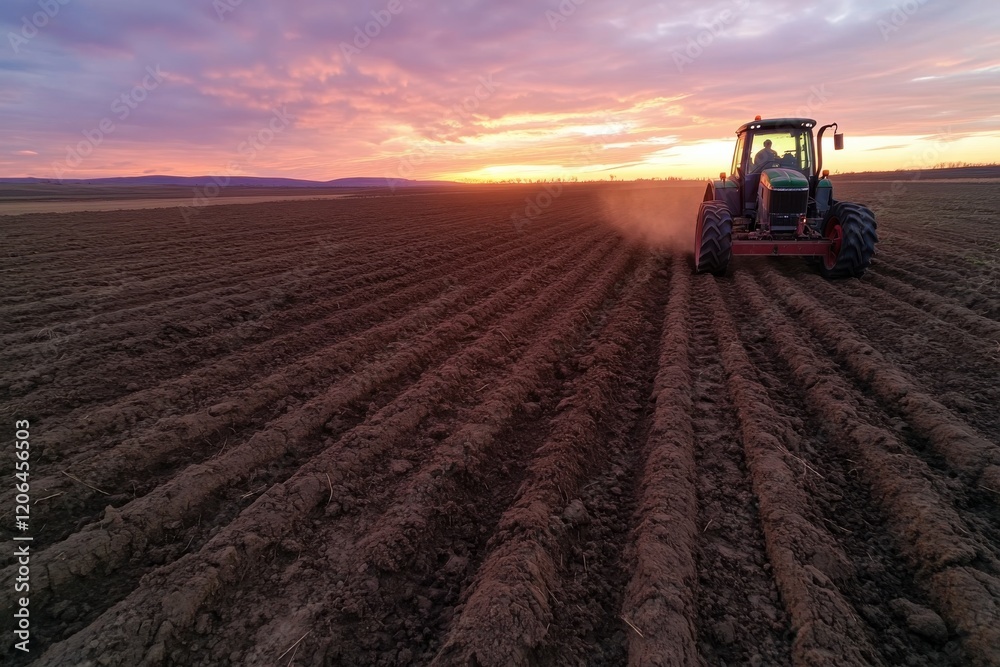 Fototapeta premium A vibrant sunset casts beautiful colors over a farmer's field as a tractor meticulously tills the soil, preparing it for planting in a serene rural landscape.