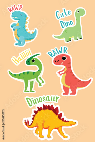 Colourful stickers dinosaur set on orange background