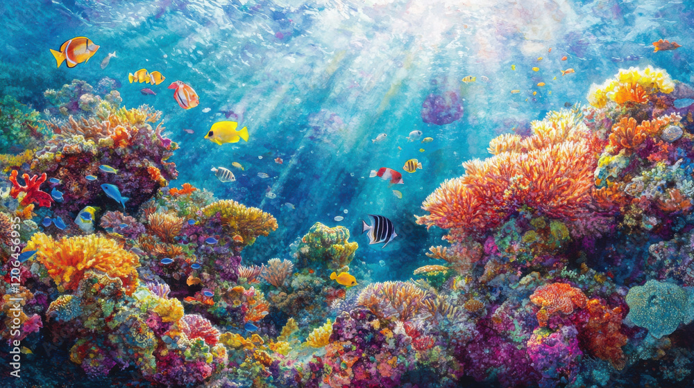 Naklejka premium A fantasy underwater kingdom, coral architecture in vibrant hues, schools of fish swirling around grand coral spires