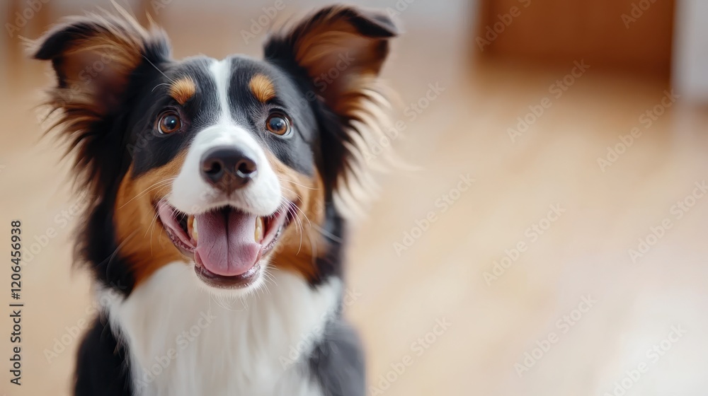Fototapeta premium Border collie eagerly awaits meal by its food bowl in sunny home