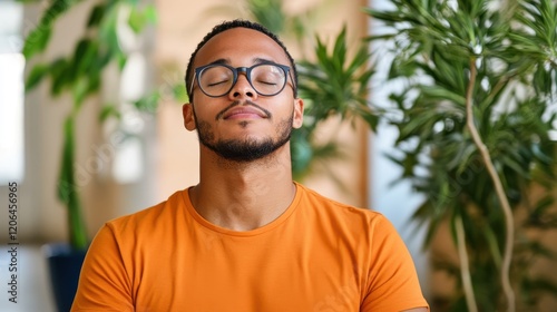 Practicing deep breathing in a tranquil indoor garden setting
