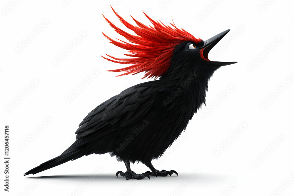 Fototapeta premium Stylized Black Bird with Vibrant Red Crest in Celebratory Pose