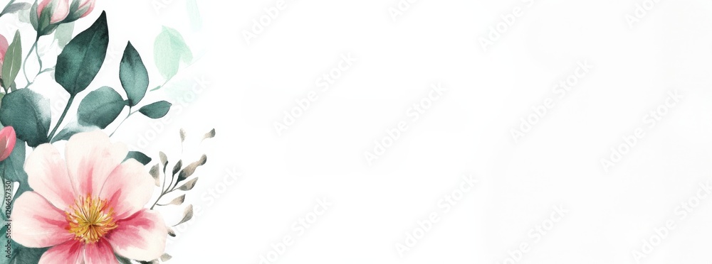 Fototapeta premium Watercolor Floral Design with Pink Flowers and Green Leaves