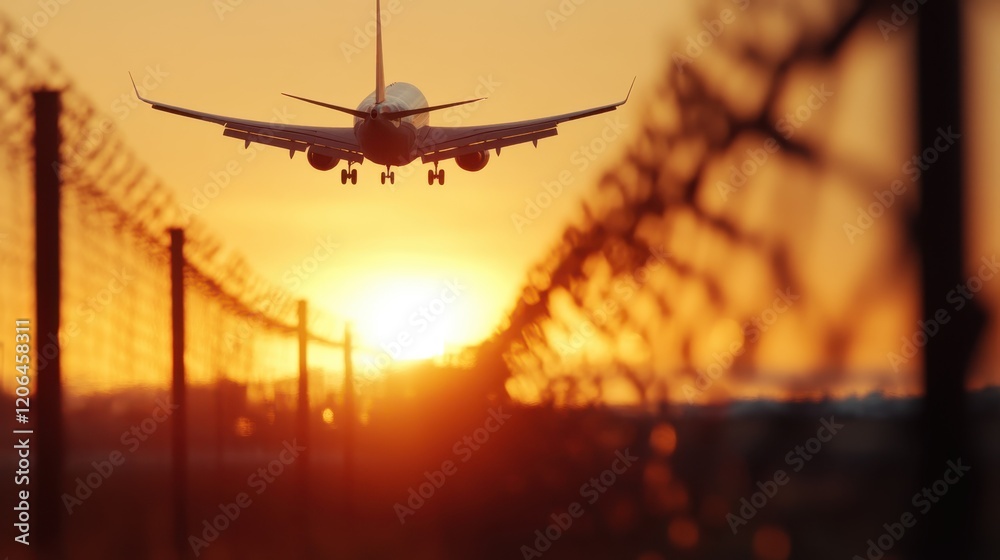 Plane approaches landing at sunset, framed by an orange-hued sky Plane approaches landing at sunset, framed by an orange-hued sky