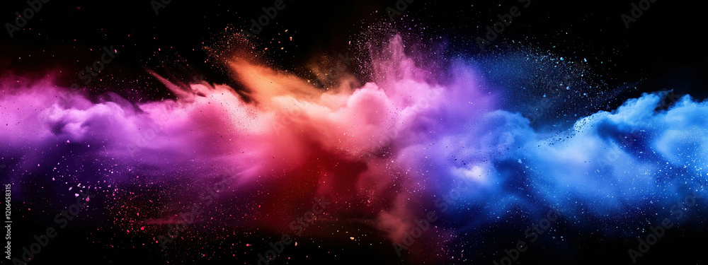 Dynamic swirling clouds of colorful powder and glitter creating a vibrant and celebratory atmosphere Dynamic swirling clouds of colorful powder and glitter creating a vibrant and celebratory atmosphere