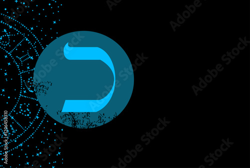 T-shirt design of the Hebrew letter Kaph next to a blue circle on a black background. 