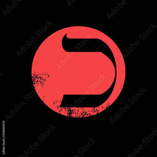 T-shirt design of the Hebrew letter Kaph next to a red moon on a black background. 