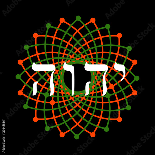 T-shirt design of the Hebrew word YHWH, also known as the Tetragrammaton, on a geometric mandala isolated on black. 