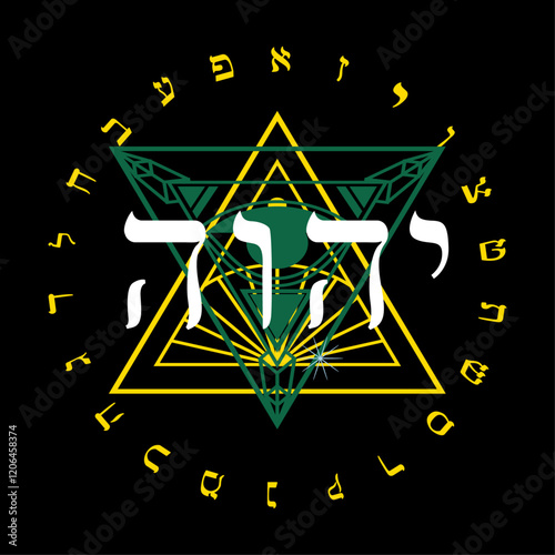 Set of Hebrew letters tha form the word YHWH, also called the Tetragrammaton, on a black background.