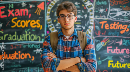 Stressed student stands in classroom before colorful chalkboard filled with words related to exams and future challenges photo