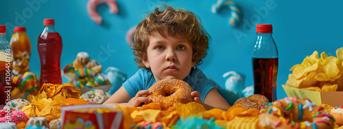 Overweight child holding a donut surrounded by an array of junk food on a bright blue background