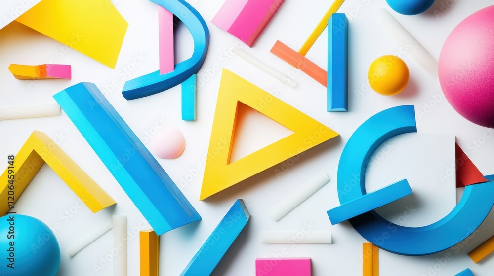 Colorful geometric shapes scattered on a white surface, creating a vibrant abstract composition Colorful geometric shapes scattered on a white surface, creating a vibrant abstract composition