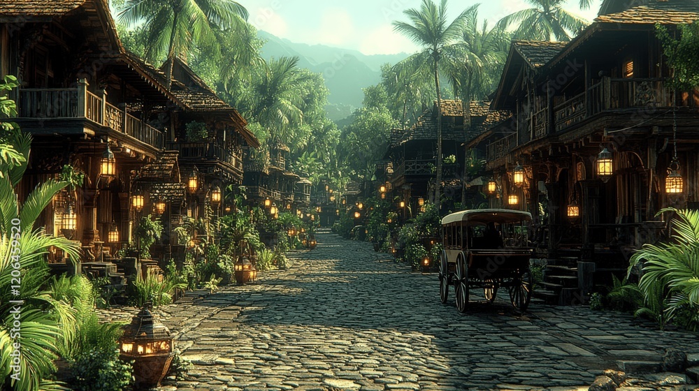 Obraz premium Serene Tropical Village Street Lined with Wooden Houses and Palm Trees at Dusk Illuminated with Hanging Lanterns Creating a Peaceful Atmosphere for Visitors