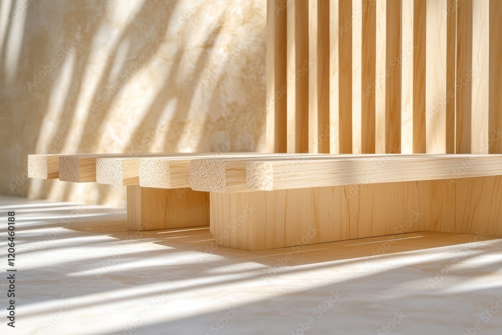 Minimalist wooden platform with sunlight shadows on beige background. Minimalist wooden platform with sunlight shadows on beige background.