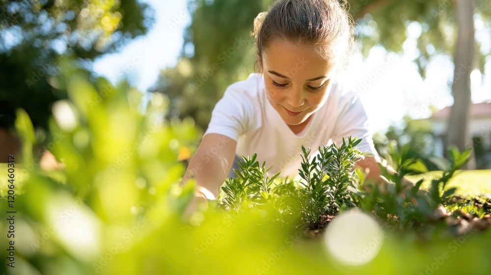 Woman tending to vibrant cypress plants under warm sunlight in garden Woman tending to vibrant cypress plants under warm sunlight in garden