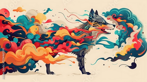 Fiery wolf, abstract art, vibrant colors, dynamic movement, nature background, graphic design photo