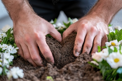 The image shows hands delicately shaping soil around white flowers, epitomizing love for nature and the richness of nurturing life through gardening. photo