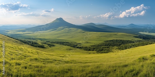 A breathtaking view of a lush green valley surrounded by majestic mountain peaks under a clear sky. 