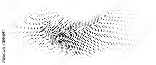 Flowing Wave Dot Halftone Pattern: Curve Gradient Shape on Transparent Background. Suitable for AI, Tech, Network, Digital, Science, and Technology Themes.