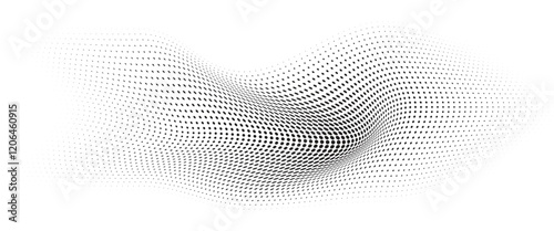 Flowing Wave Dot Halftone Pattern: Curve Gradient Shape on Transparent Background. Suitable for AI, Tech, Network, Digital, Science, and Technology Themes.