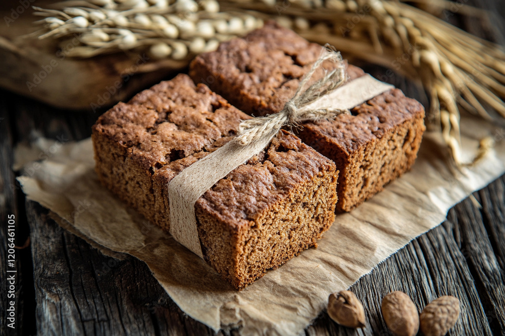 Fototapeta premium Freshly baked gingerbread squares with rustic presentation on wooden surface