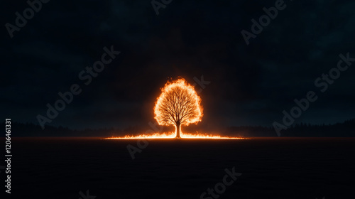 Dramatic burning tree illuminated by flames in an open field against a moody night sky representing destruction and transformation