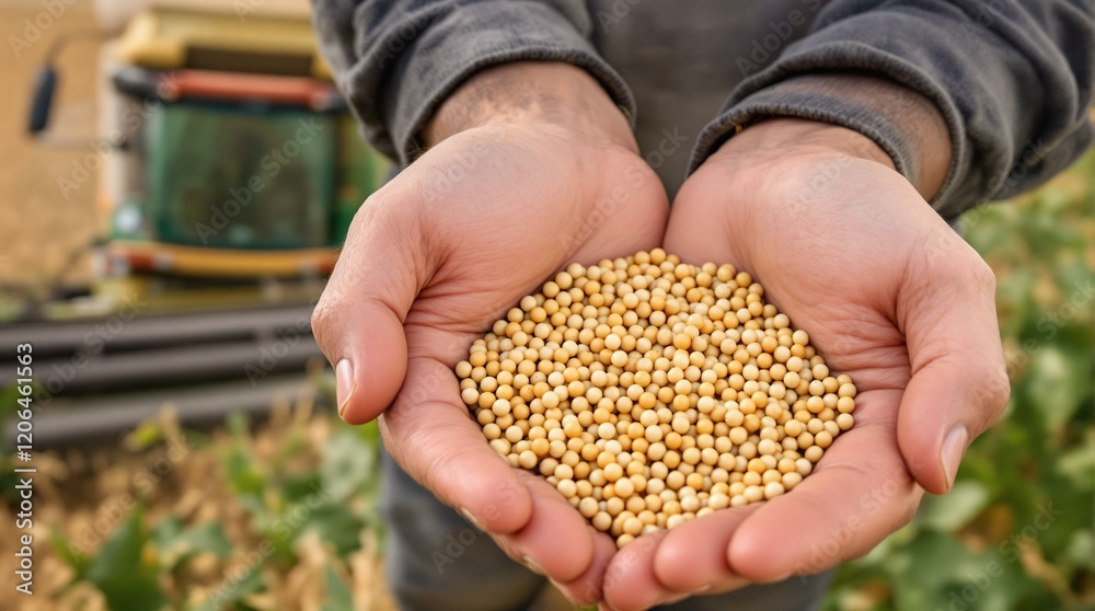 Farmer's Hands Holding Soybean Seeds Against Combine Harvester in a Harvest Field Farmer's Hands Holding Soybean Seeds Against Combine Harvester in a Harvest Field