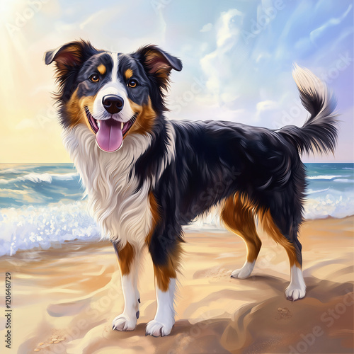 Cute happy australian shepherd on the beach looking forward illustration photo