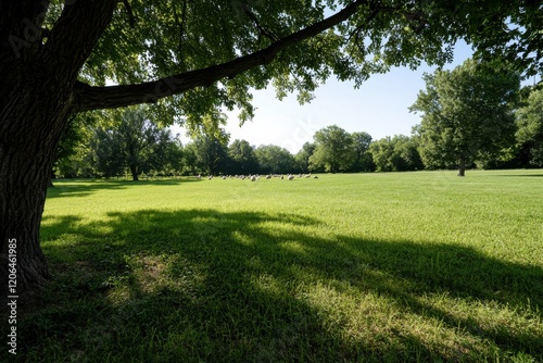 This perspective captures the interplay of sunlight and shadows on a lush green lawn, inviting viewers to appreciate the beauty of nature in its calmest form. photo