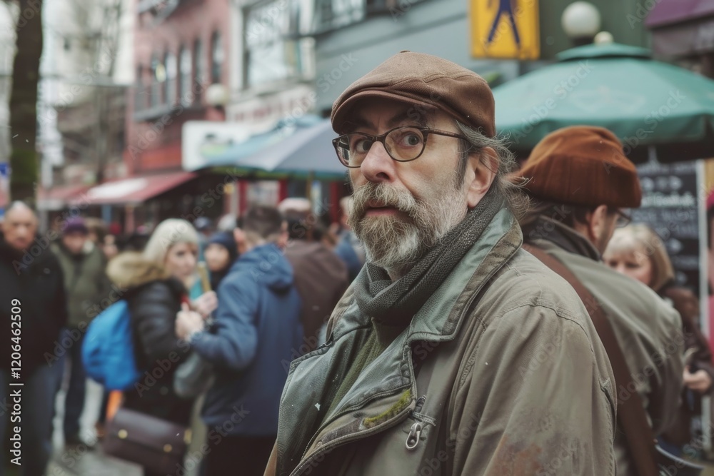 Unidentified man in a hat and glasses on the street. Unidentified man in a hat and glasses on the street.