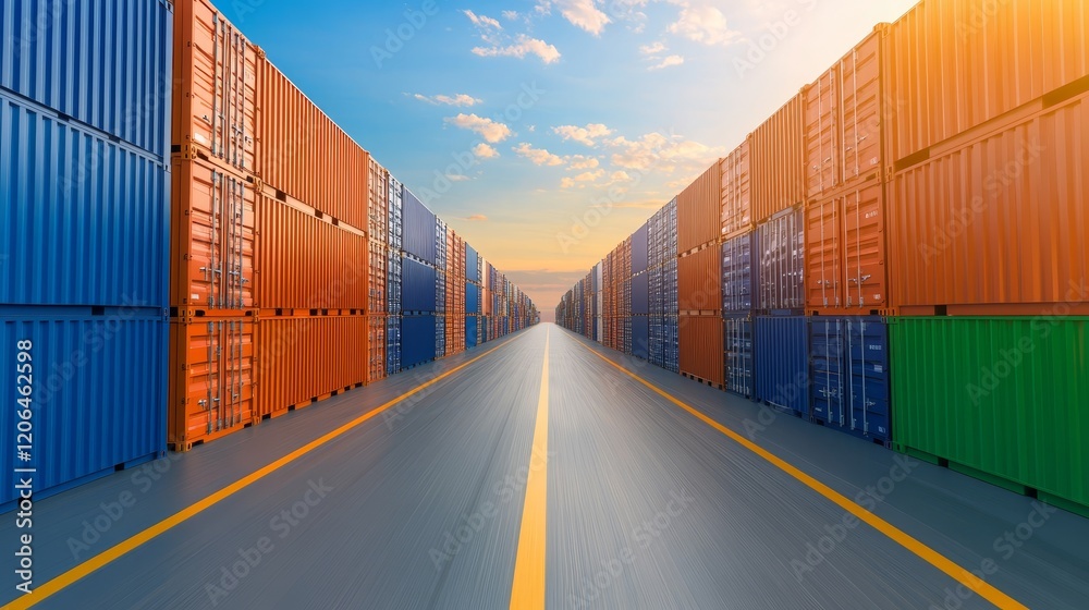 Fototapeta premium Longhaul logistics, a detailed view of container trucks on busy highway under sunny sky
