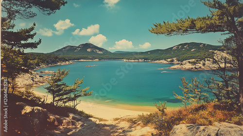 Vintage acadia national park landscape illustration. Travel post card poster tourist destination