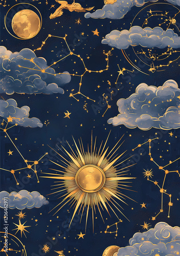 A painting of the night sky with a large sun in the center