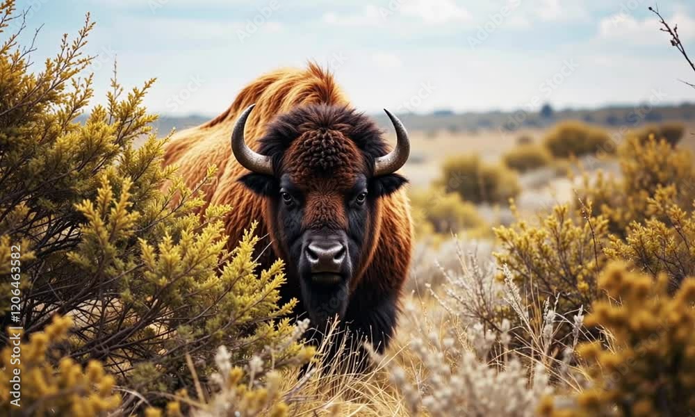 a wild bison stood behind the bushes
