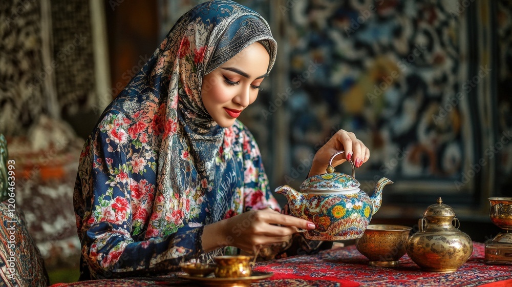 Fototapeta premium Woman in floral hijab pours tea from ornate teapot