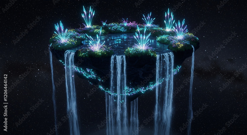 Fototapeta premium A surreal floating island with cascading waterfalls and bioluminescent plants