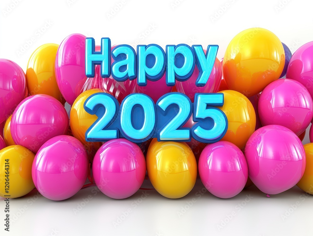 Happy 2025: Festive Celebration with Colorful Spheres