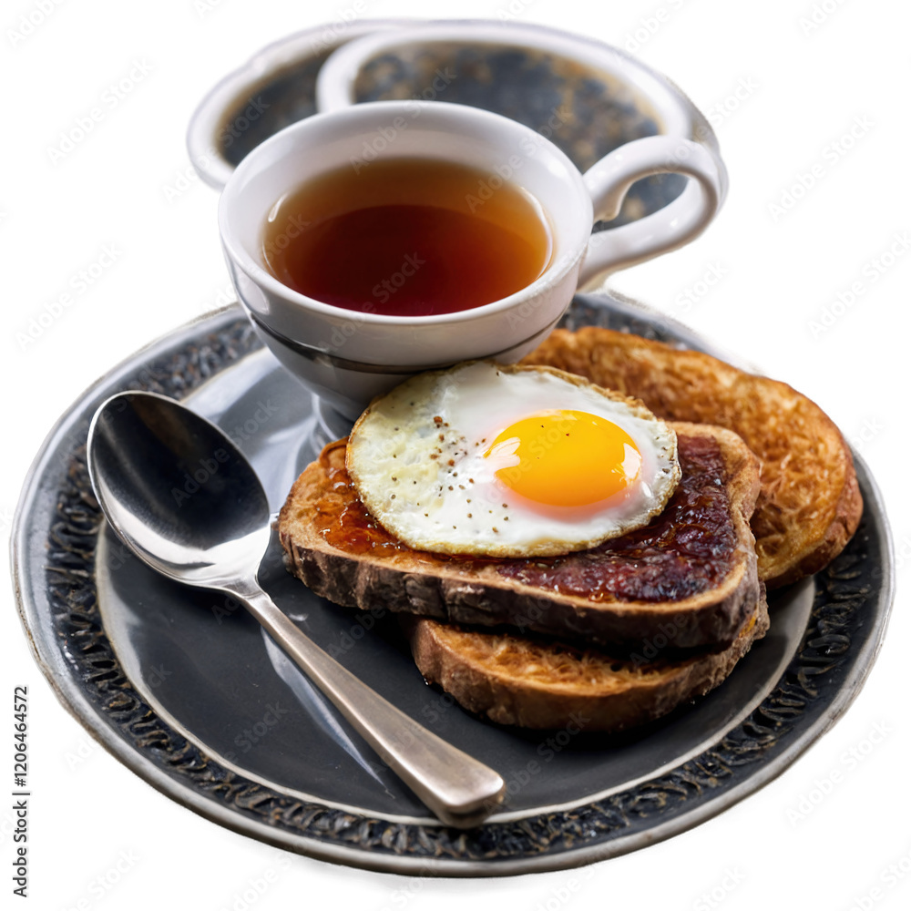 Delicious breakfast featuring egg on toast with a side of tea served in a cozy setting Delicious breakfast featuring egg on toast with a side of tea served in a cozy setting