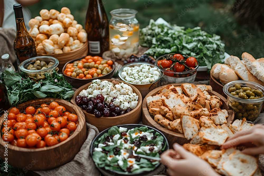 Obraz premium A first-person view of a picnic setup on a grassy field, hands reaching for food, vibrant colors and sunny atmosphere. Immersive and joyful