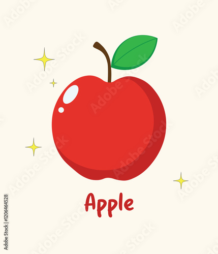 A simple, cartoon-style vector illustration of a red apple with a green leaf, it's perfect for children's books, food-related designs, or as a logo element