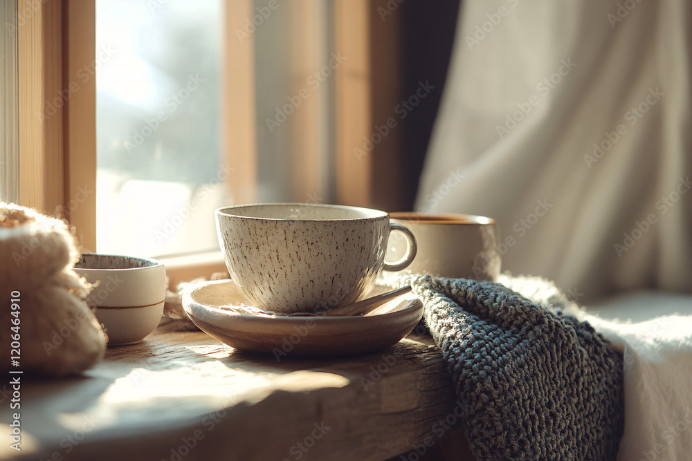 warm cozy rustic windowsill with cup of tea and knit blanket warm cozy rustic windowsill with cup of tea and knit blanket