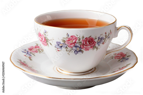 Elegant floral tea cup and saucer filled with steaming tea set on a white background in a cozy setting