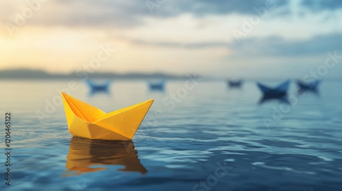 A bright yellow paper boat drifting away from a group of boats on calm water, signifying leadership and charting a unique course forward