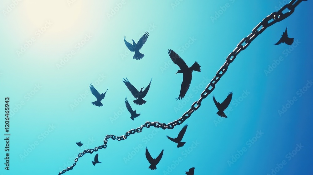 Obraz premium A flock of birds soaring into a clear blue sky, with broken chains lying on the ground, symbolizing freedom, liberation, and breaking through barriers