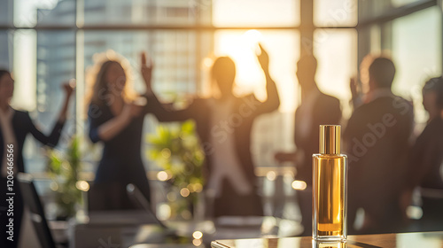 A bottle of perfume sits on a table, with a blurred background of celebrating colleagues near a large window.