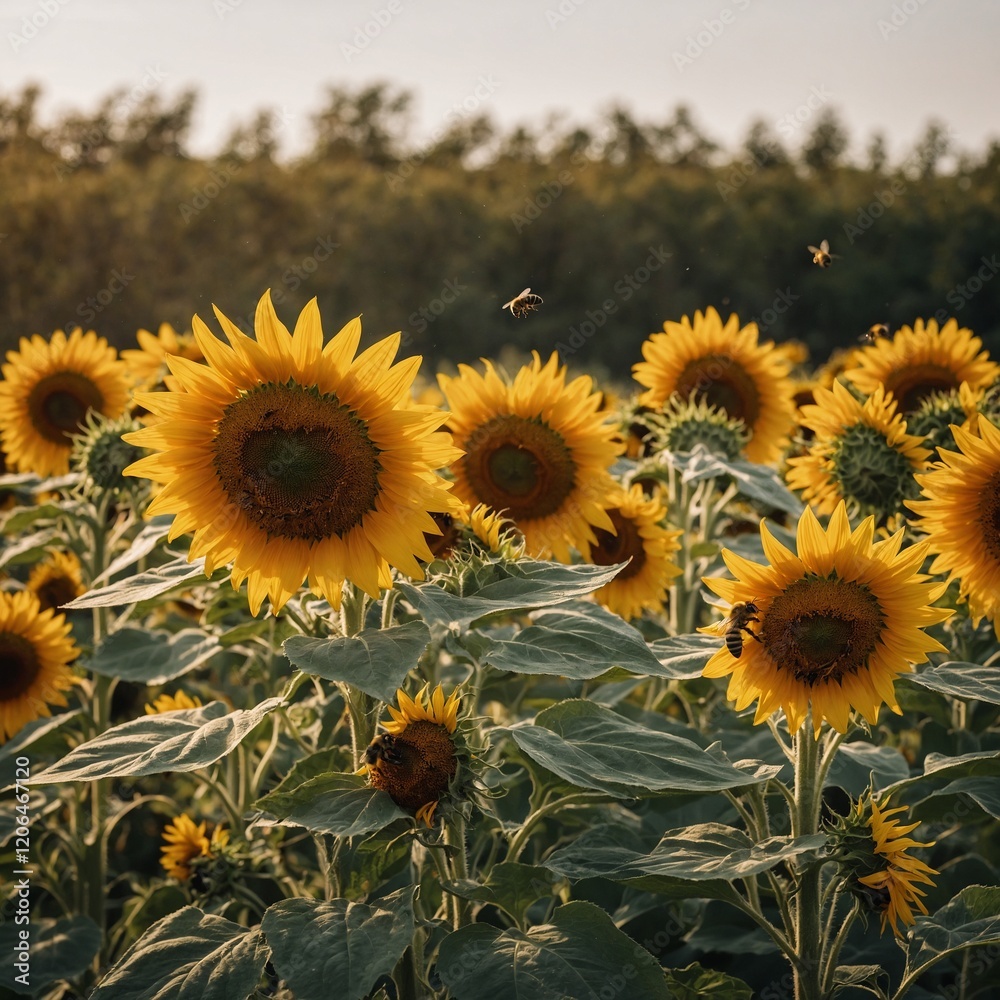 Fototapeta premium Golden sunflowers with bees busily pollinating.