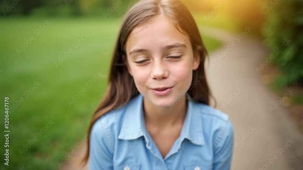 Joyful Girl with Long Hair Smiling Outdoors in a Green Park, Illuminated by Soft Natural Light, Exuding Happiness and Positivity Joyful Girl with Long Hair Smiling Outdoors in a Green Park, Illuminated by Soft Natural Light, Exuding Happiness and Positivity