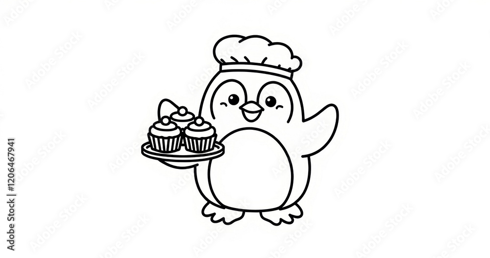 Cute penguin chef holding cupcakes in black and white outline. Coloring page style Cute penguin chef holding cupcakes in black and white outline. Coloring page style