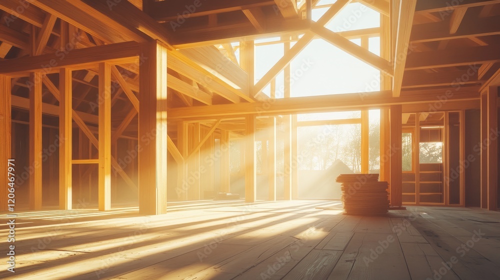 Obraz premium A spacious view of the interior of a new wooden house under construction, with exposed wooden beams and sunlight filling the space through large openings