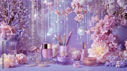 A sophisticated pastel purple display with luxury cosmetics, sparkling jewelry, and delicate flowers, creating a chic and refined fashion-forward look
